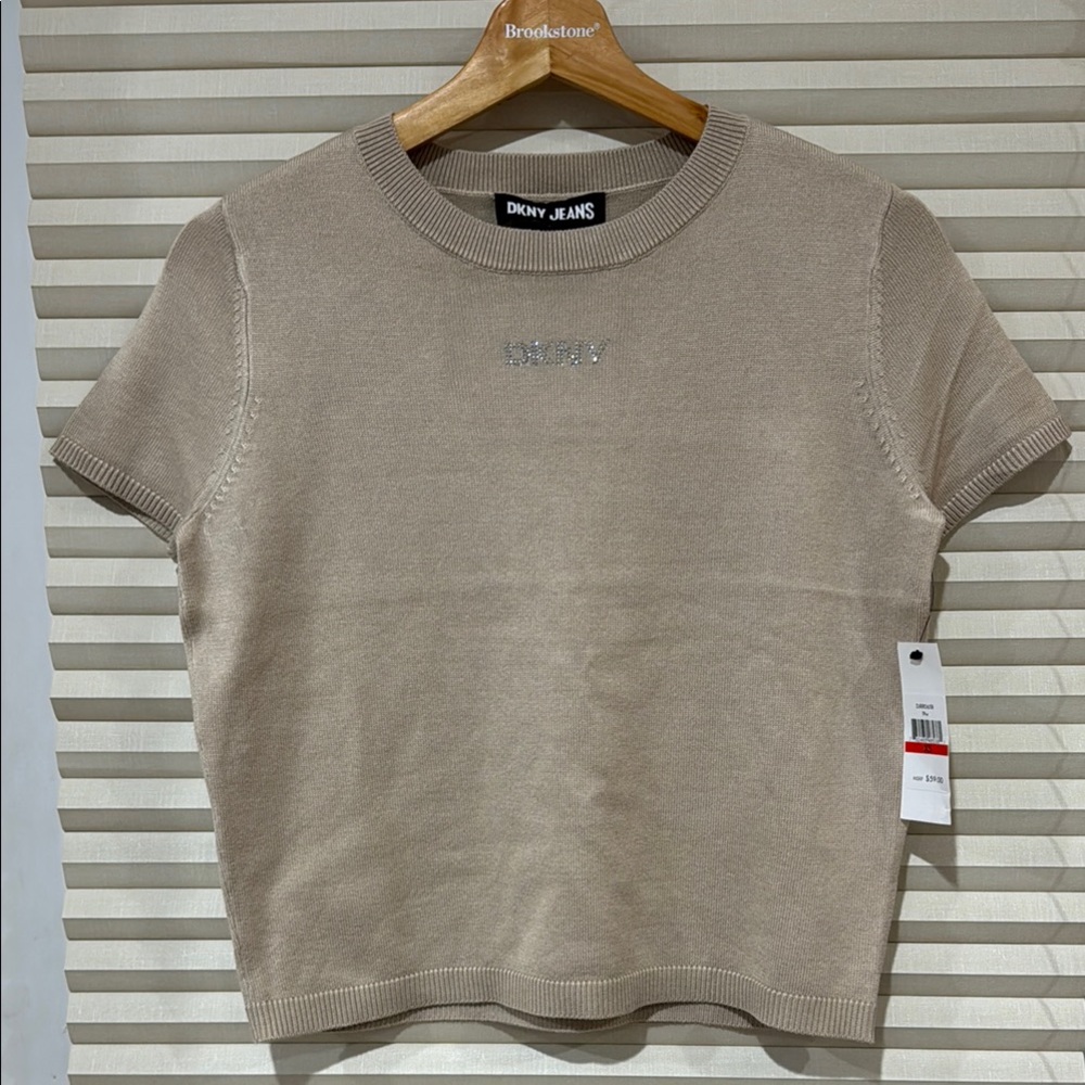 Dkny Cream Tan Fitted Crop T-Shirt Short Sleeve